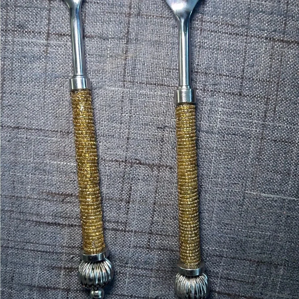 Pottery Barn Gold Beaded Holiday Christmas Serving Spoon And Fork Set